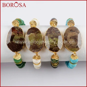 

BOROSA 5pcs Gold Color Faceted Spiderweb Agates With 10mm Natural Multi-Kind Stone Beads Bracelet Drusy Women Bracelets G1555