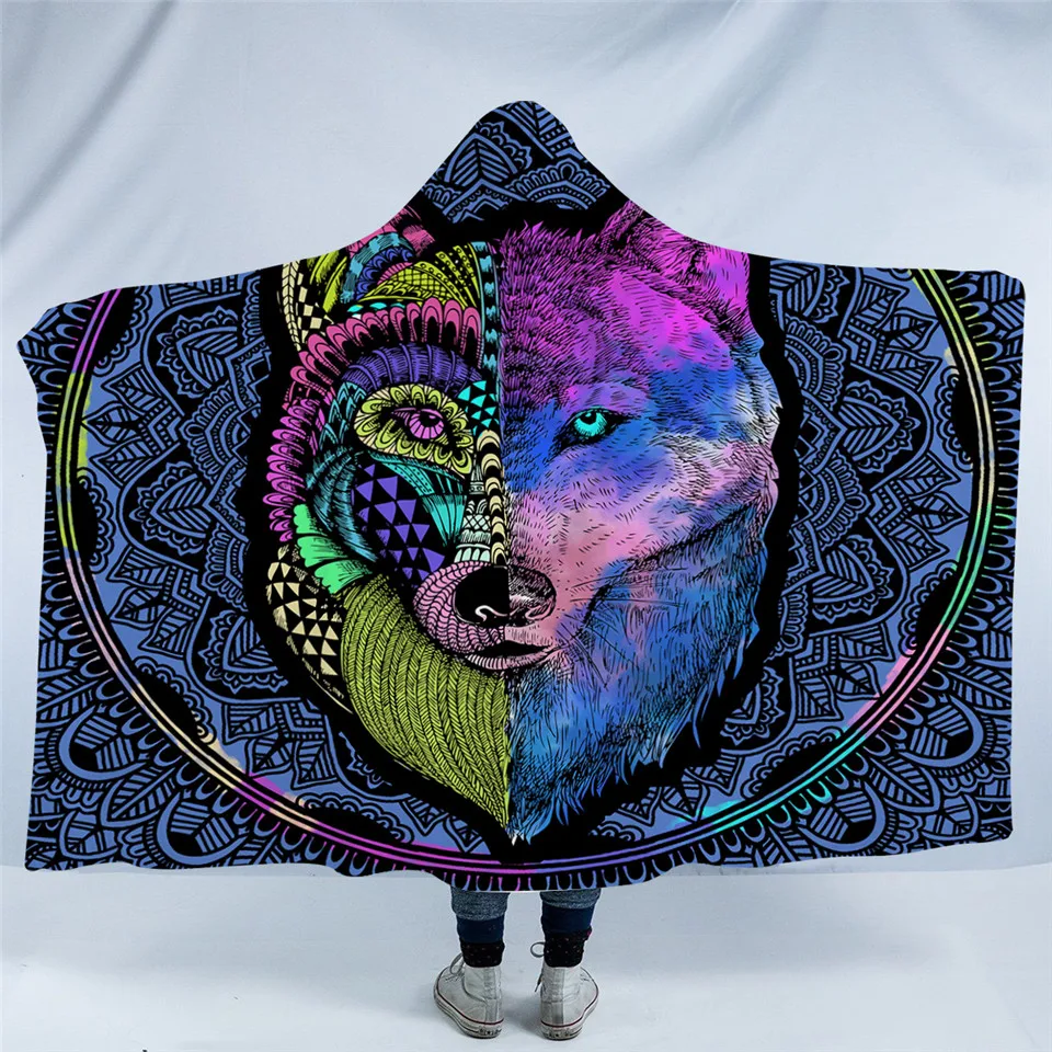 Wolf Hooded Blanket Tribal Animal Sherpa Wearable Blanket Adults