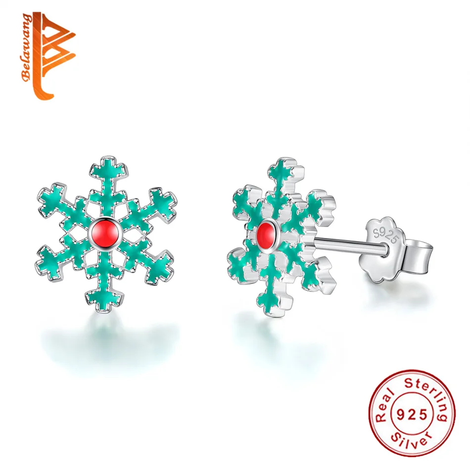 

Authentic 925 Sterling Silver Earrings For Women Kid Children Green Enamel Snowflake Stud Earrings Christmas Jewelry Bijoux Gift