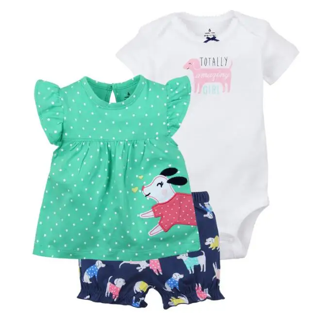 Летняя одежда для маленьких девочек одежда из хлопка для малышей боди+ шорты+ футболка комплект одежды для младенцев из 3 предметов