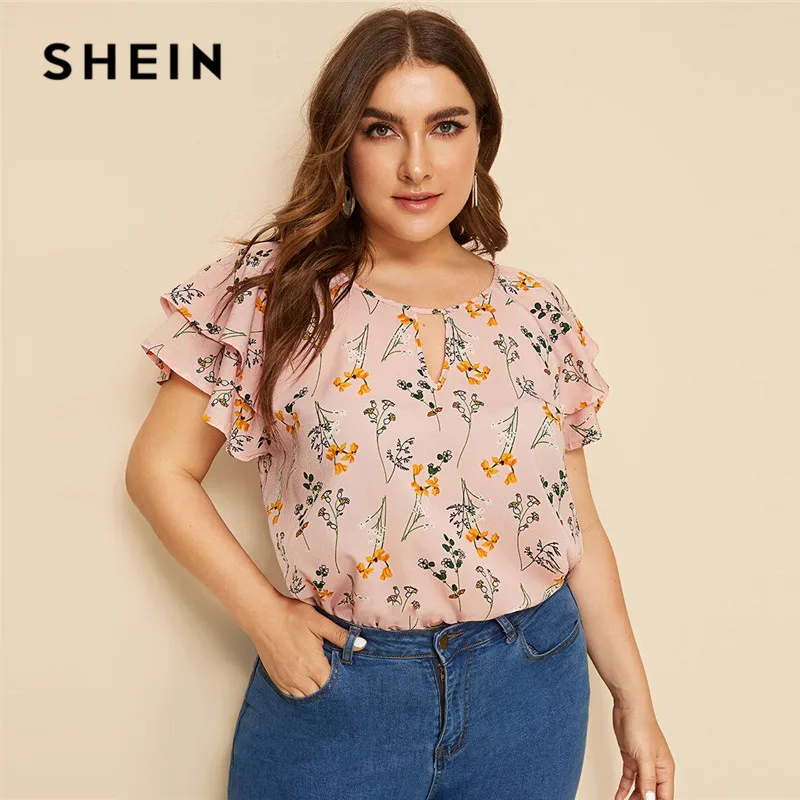 SHEIN размера плюс колье на шее многослойное платье с оборками на рукавах, ботанический Блуза Топ Для женщин летние Повседневное Цветочный принт вырезами блузки