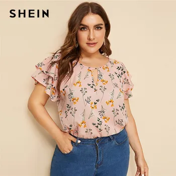 

SHEIN Plus Size Choker Neck Layered Ruffle Sleeve Botanical Top Blouse 2019 Women Summer Casual Floral Print Cut Out Blouses