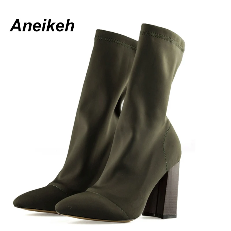 Aneikeh/ г. Армейские зеленые тянущиеся вязаные ботильоны женские короткие ботиночки на квадратном каблуке с острым носком, обувь на высоком каблуке 8,5 см TB-1