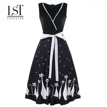 LANGSTAR Plus Size Dresses Cat Print Midi Fit and Flare Dress Swing Vintage Dress Sexy V-Neck Sleeveless A-Line Women Dress