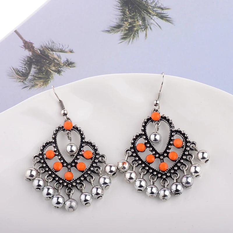 

DOUVEI New Jewelry Women Boho Style Silver Pld Orange Bead Tassel Dangle Earring Heart Shape Fashion Earrings HQE026-1
