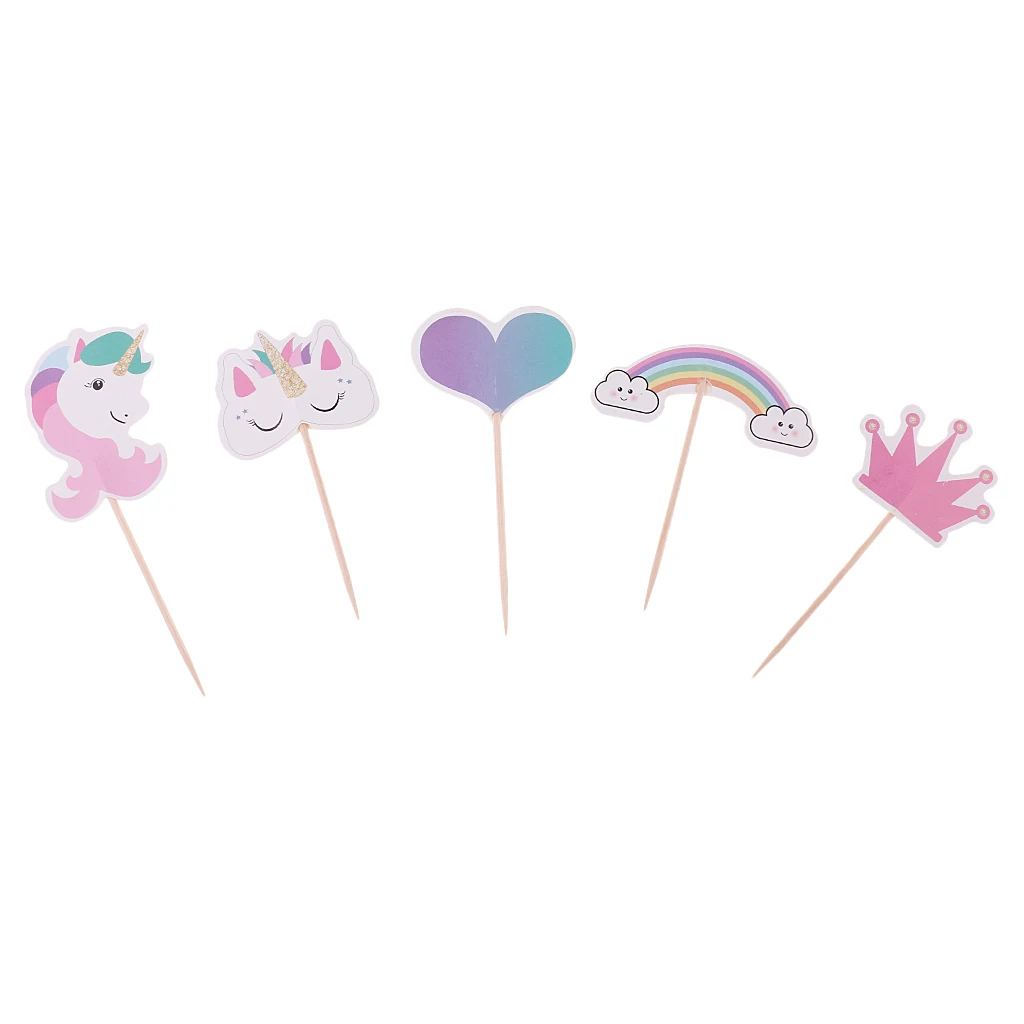 24x Unicorn Cake Picks Rainbow Cupcake Toppers Crown Heart Shape Cake Décor