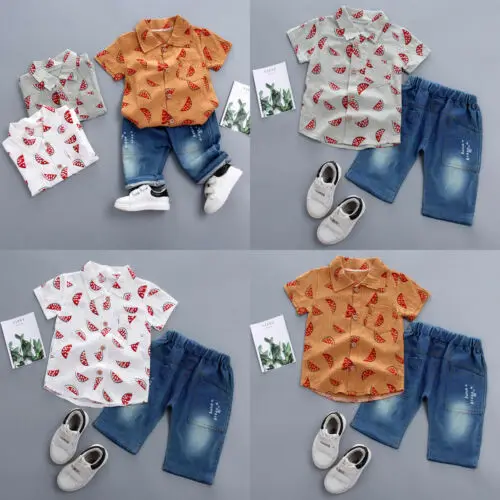 

US Toddler Kids Baby Boy Clothes Boys Fashion Outfits Sets Cartoon Watermelon T-Shirt Casual Tops + Denim Pants Cloth Sets
