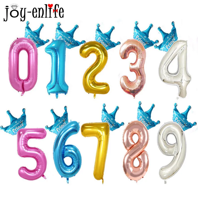 

40inch Crown Digital Balloons Number Foil Balloon 1 2 3 4 5 6 7 8 9 Years Old Birthday Party Decorations Kids Figure DIY Ball