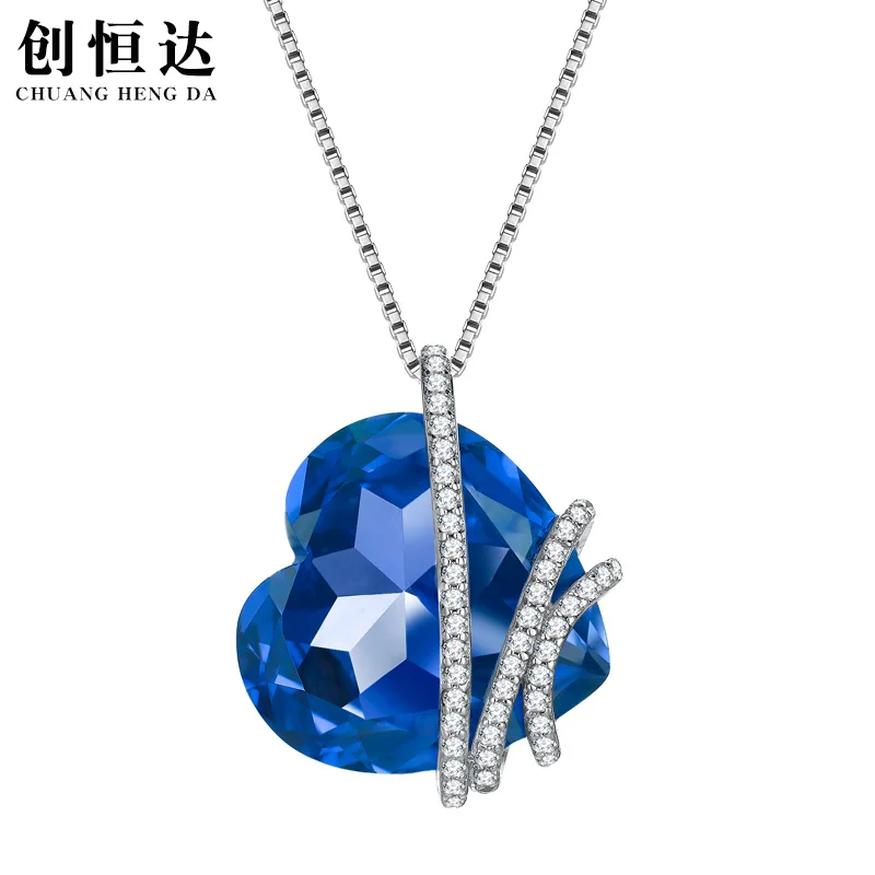 Sapphire Stone White Diamond Blue Gemstones Heart Figure Crystal 925 Sterling Sliver Pendant Necklaces For Women Jewelry Bijoux | Украшения