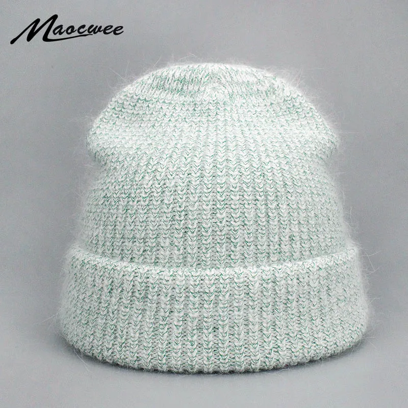 

Women's Knitted Wool Beanies Winter Rabbit Fur Knitting Hats For Women Double Layer Soft Skullies Caps Female Solid color Bonnet