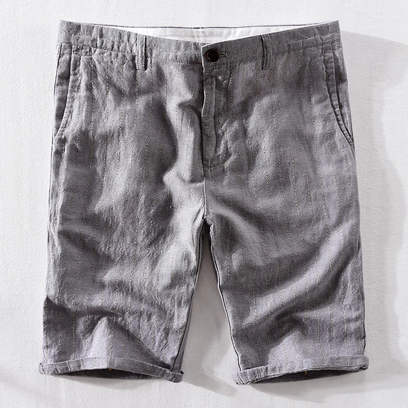 

New arrival cotton and linen beach shorts men brand casual striped gray board shorts for men 40 size breathable short male broek