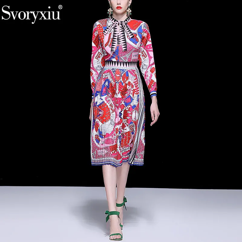 

Svoryxiu Fashion Runway Autumn Pleated Dress Women's Elegant Bow Collar Geometric Print Long Sleeve Midi Dresses Vestdios