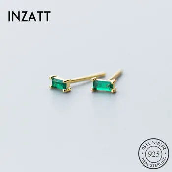 INZATT Minimalist Stud Earrings For Women party Geometric Square Green Zircon Gold Color 925 Sterling Silver Fine Jewelry