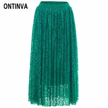 Элегантные зеленые цветочные Кружевные Гофрированные длинные юбки, женские винтажные макси юбки с эластичной резинкой на талии, летняя мода, женские юбки