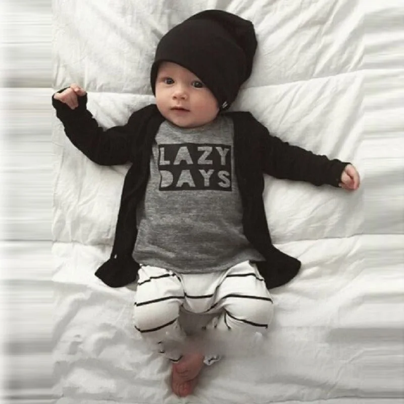 

Baby Boy Cool Clothes Autumn Long Sleeve Lazy Days Grey Shirt for boy+Strip Long Pants Clothing Set