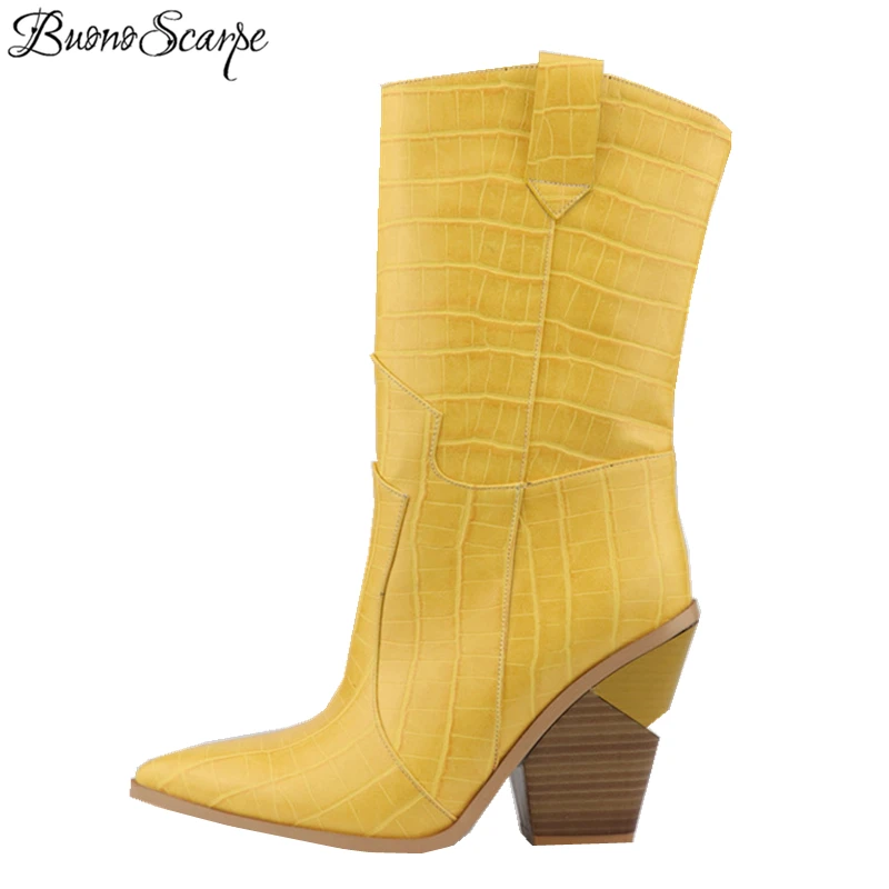 

Buono Scarpe Embrossed Microfiber Runway Shoes Cowboy Mid-calf Boots Pointed Toe Western Boots For Women Wedges Chunky Heels