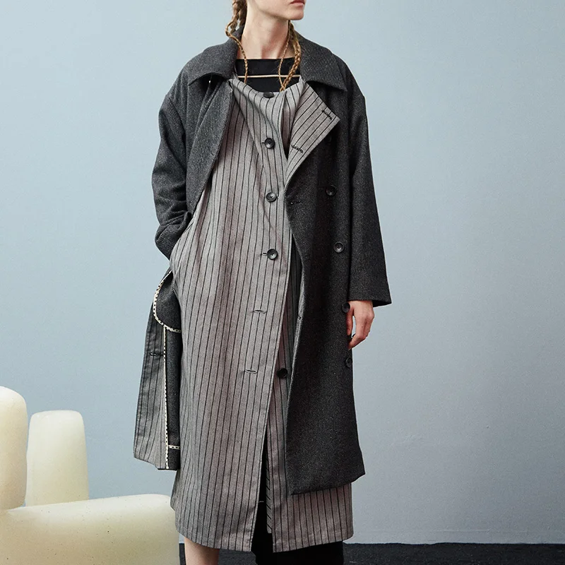 Zll2571 Double Arrivée De Zll2571 Picture Breasted Collar Turn Femmes xitao Mélange Lâche Black Manches D'hiver En Pleine Nouvelle see Plaid Europe Mode down Long ExqpHw1