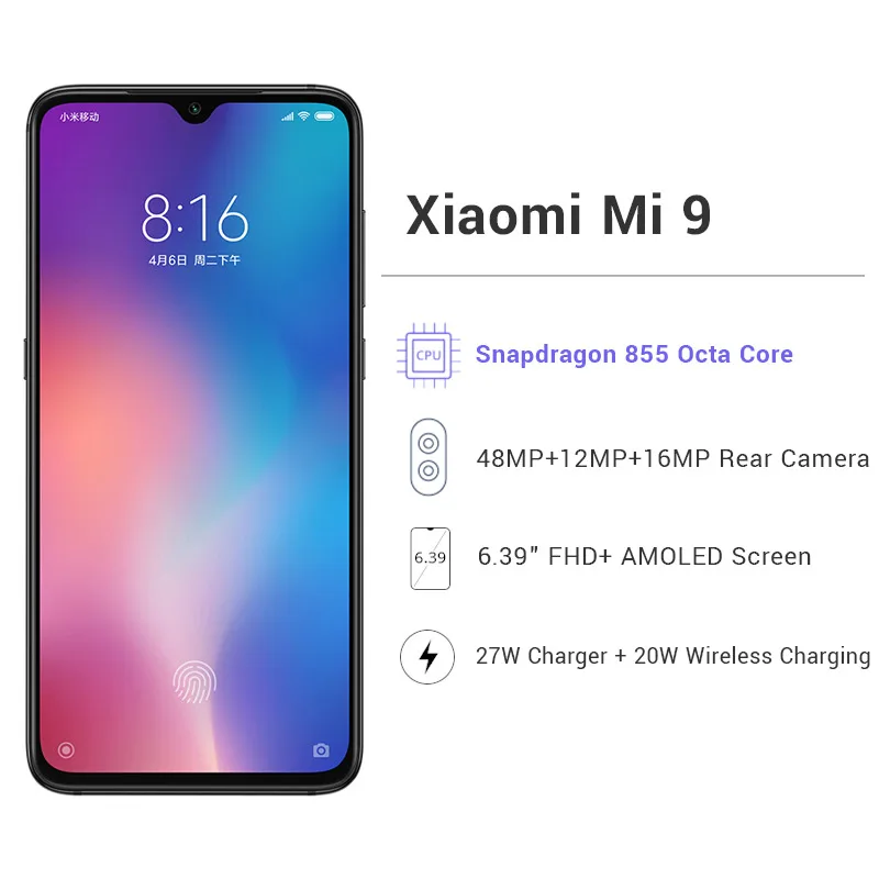 Мобильный телефон Snapdragon 128 с глобальной ПЗУ Xiaomi mi 9 mi 9, 6 ГБ, 855 ГБ, четыре ядра, 6,39 дюйма, 1080P AMOLED, 48MP, с тройной камерой, смартфон