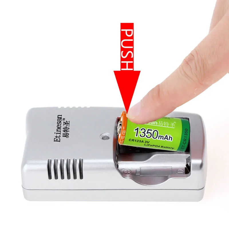 Etinesan 1350mAh CR123A LiFePo4 Rechargeable Battery + 2 Slots Intelligent Smart Charger for 3V CR 123A Battery Etinesan 1350mAh CR123A LiFePo4 Rechargeable Battery + 2 Slots Intelligent Smart Charger for 3V CR 123A Battery