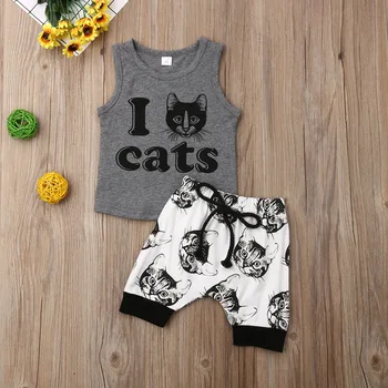 

Newborn Baby Boy Clothes Cat Print Cotton Sleeveless Tops+Short Pants 2pcs Outfits Summer Clothes