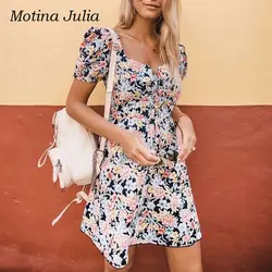 Motina Julia 2018 модное Королевское Платье с цветочным принтом и квадратным вырезом на шнуровке мини-платье женское уличное короткое платье vestidos