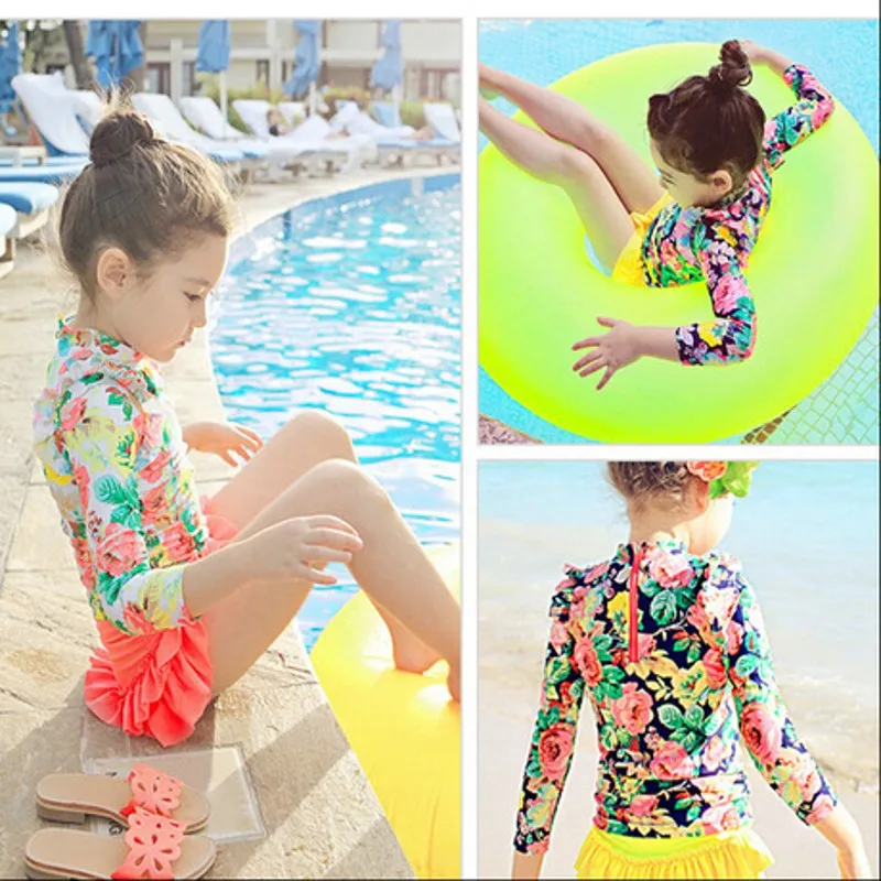 Купальный костюм из 2 предметов для маленьких девочек, купальник с длинными рукавами и цветочным рисунком в Корейском стиле, пляжная одежда для девочек Одежда для купания в Корейском стиле для малышей, пляжная одежда