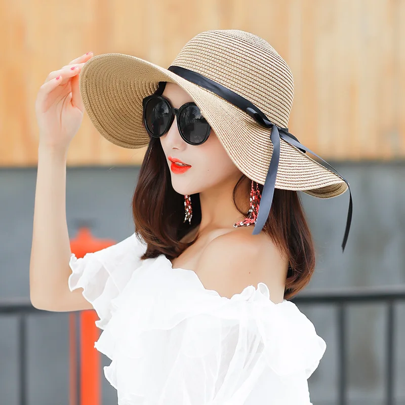 Соломенные женские летние корейские маленькие свежие шляпы, шляпа от солнца солнцезащитный крем складной будет береговой край SunSandy пляжная шляпа - Цвет: khaki