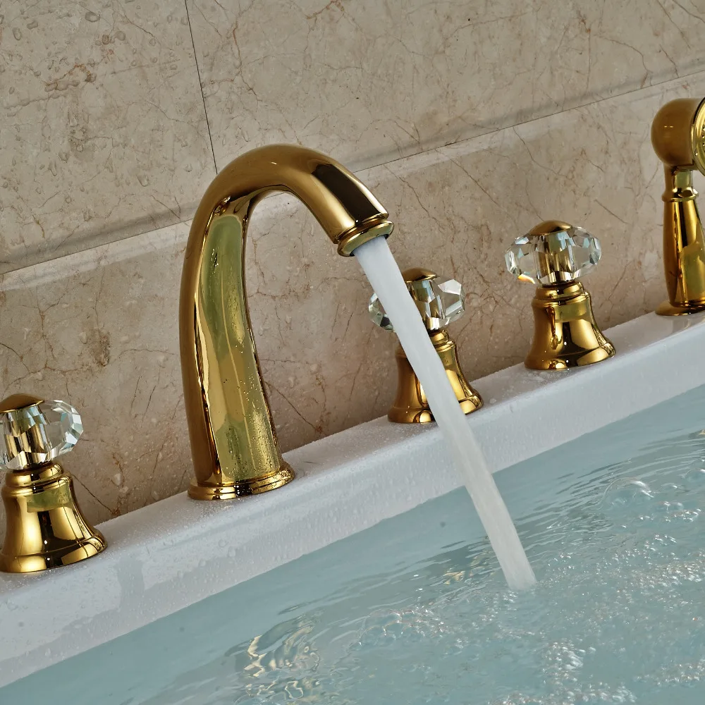 Deck Mounted Golden Brass Crystal Handles Vanity Ves