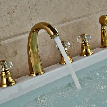 

Deck Mounted Golden Brass Crystal Handles Vanity Vessl Sink Tub Faucet Hand Unit