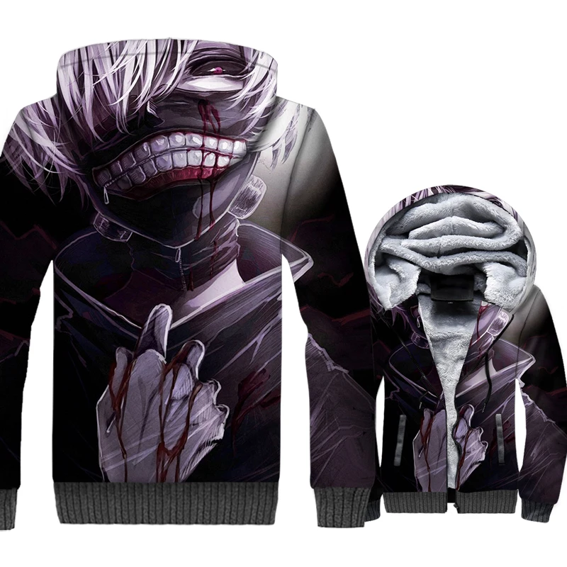 

Japanese Anime Tokyo Ghoul Jacket Men Hoodie Harajuku Sweatshirt Winter Thick Fleece Zip up 3D Print Coat Hip Hop Streetwear 5XL