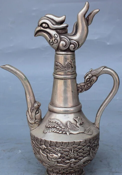 

10" Marked Chinese Silver Auspicious Dragon Phoenix Tea Wine Pot Winepot Statue R0707 Discount 35%