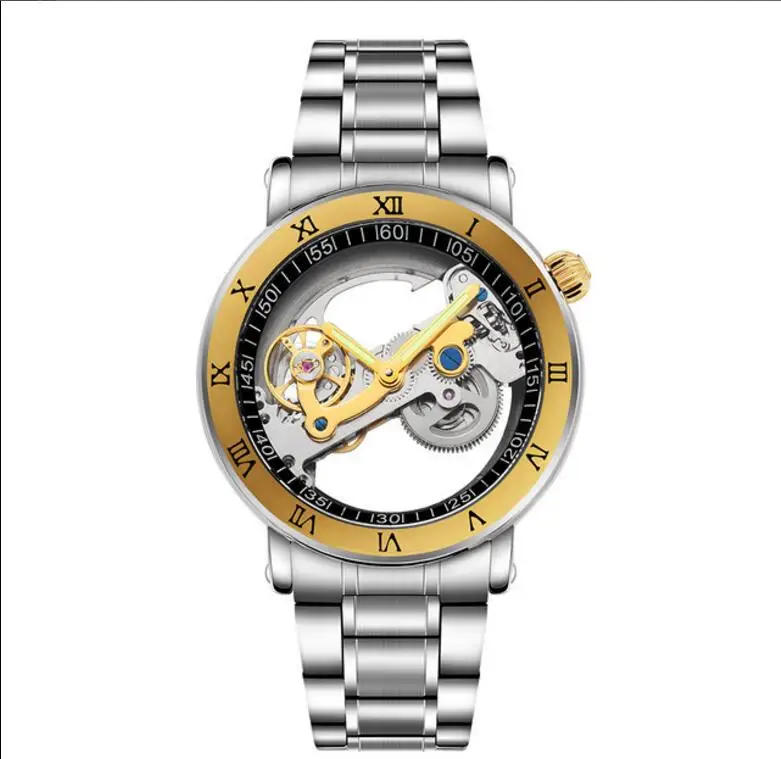 

WOONUN Luxury Gold Automatic Mechanical Watches Men Fashion Roma Case Transparent Hollow Tourbillon Mechanical Watch Waterproof