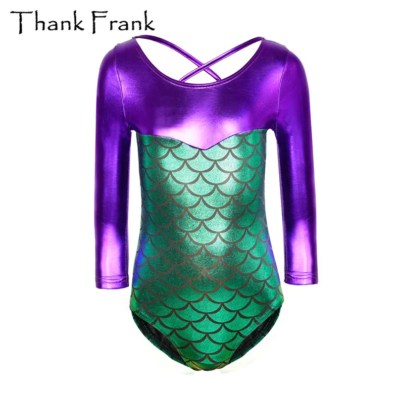 Girls Metallic Gymnastics Leotard Kids Shiny Long Sleeve Ballet Leotards Tolddler Children Adorable Mermaid Costumes TF1012 