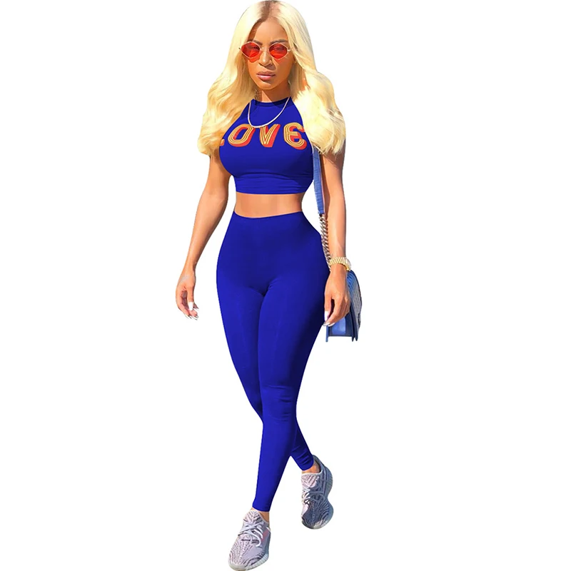 

Summer 2 Piece Set Women Tracksuit Crop Tops+ Elastic Waist Skinny Pants Suit LOVE Letters Printed Top And Pants Ropa Mujer