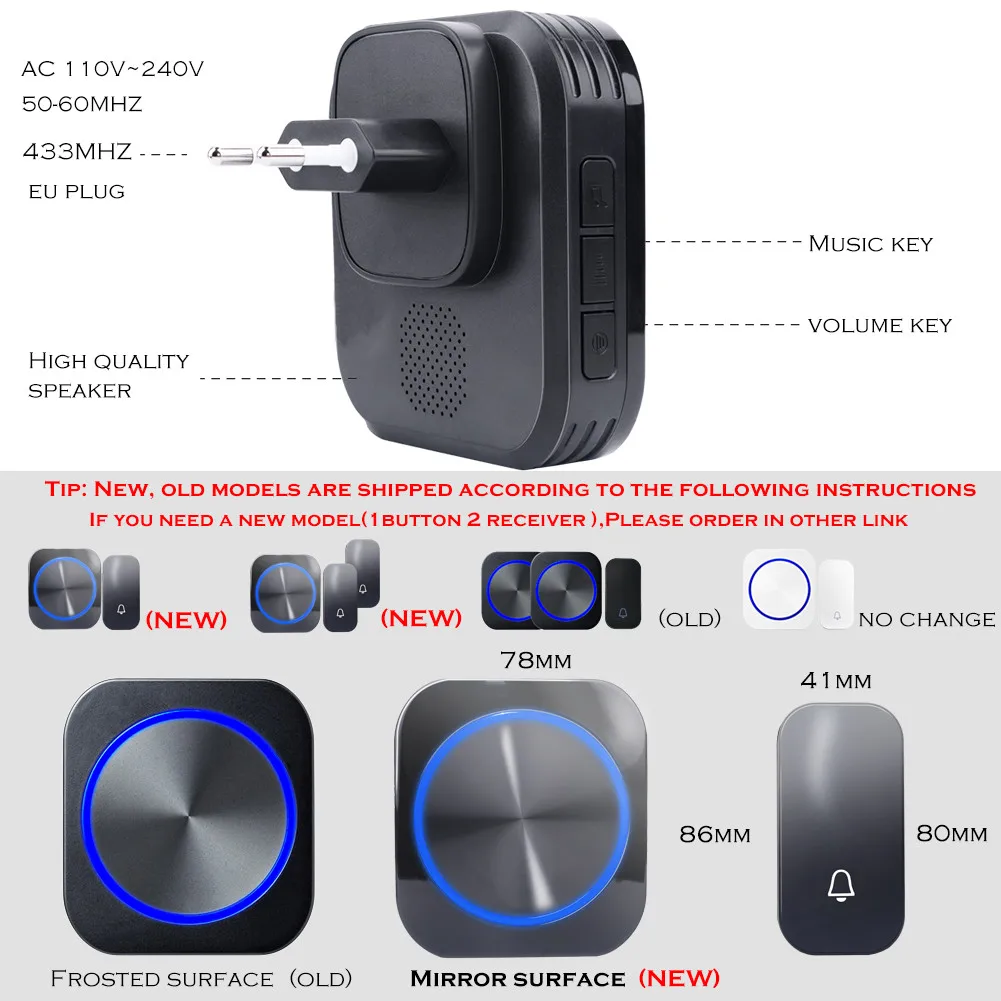 SMATRUL self powered Waterproof Wireless DoorBell night light no battery EU plug home Cordless Door Bell 1 2 button 1 2 Receiver SMATRUL self powered Waterproof Wireless DoorBell night light no battery EU plug home Cordless Door Bell 1 2 button 1 2 Receiver