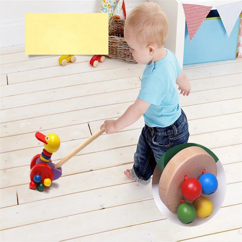 

1X Wooden Wonders Push-n-Pull Kid Learn Walking Waddling Duckling Push Along Toy For Babies Toddlers