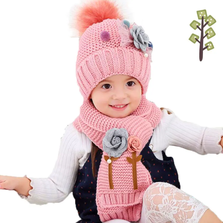 Для девочек зимняя шапка шарф набор для детей цветок Hailball шапочки и ScarvesChild меховым помпоном вязать Кепки теплый капот комплект из 2