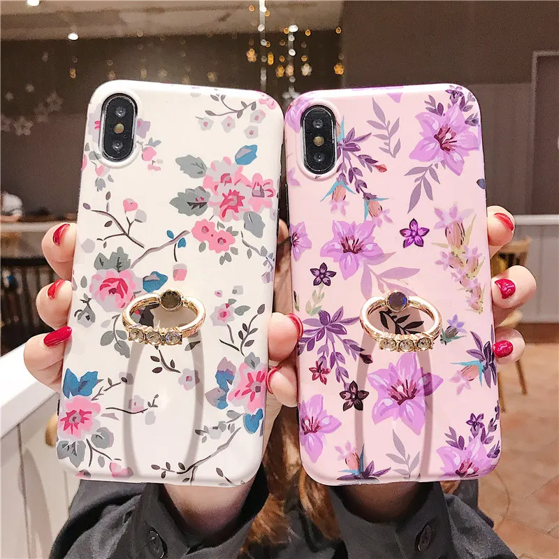 

Diamond Ring Bracket Phone Cases For iphone 6 7 8 6s Case Vintage Flower Plant Cover For iphone X XS XR xs max 6 Plus Case Capa