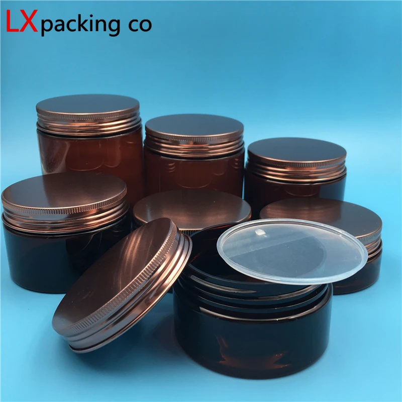 

30 pcs Free Shipping 50 80 100 150 200 250 ml Plastic Brown Empty Pack Tank Jar Bronze Aluminum Cover Cream Container Bottles