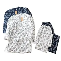 Весна 100% хлопок японские кимоно халаты мужские пижамы наборы свежие листья халат с длинным рукавом пижамы кимоно pijama hombre