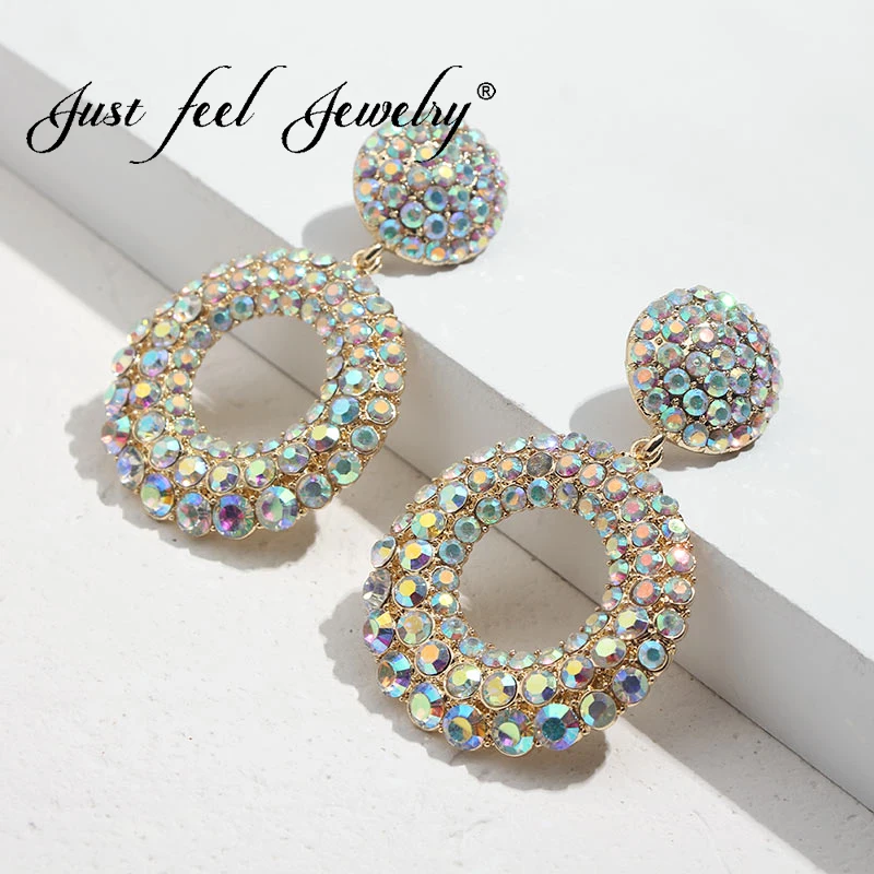 

JUST FEEL Trendy Round Crystal Drop Dangle Earrings Women Vinatge Brand Design Party Tassel Colorful Pendant Earring Accessories