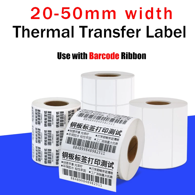 Thermal Transfer barcode Label for Zebra Compatible label marker, core  40mm, Width 20~50 mm, Ribbon Required label Sticker