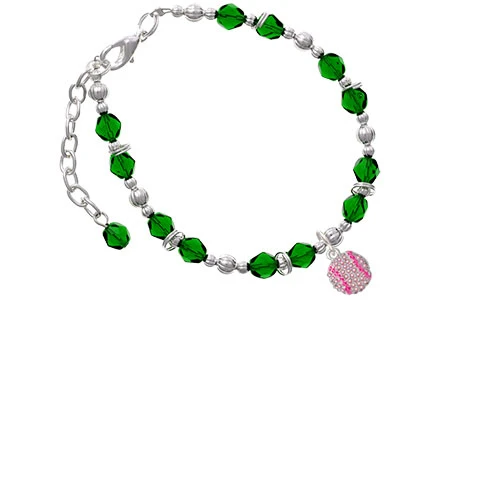 Silvertone Small Sparkle Pink AB Softball Green Beaded Bracelet