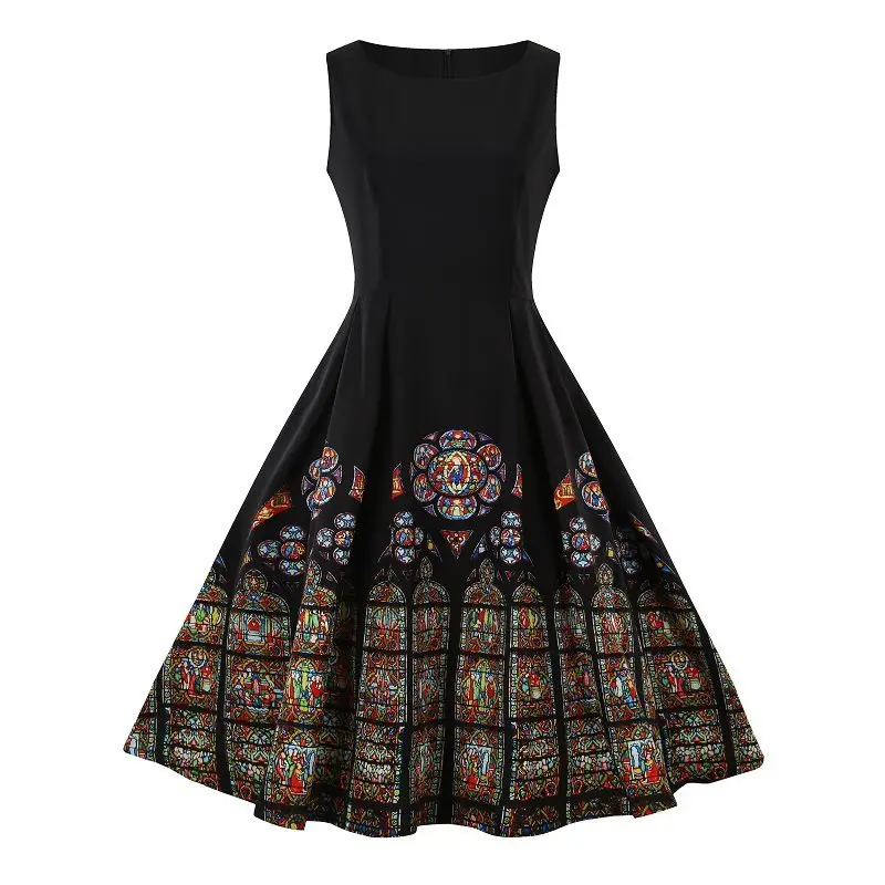 

Women Summer Black Gothic Dresses Elegant Sexy Big Size Vintage Print Graphic Office Lady Chic Female Casual Party Retro Dress