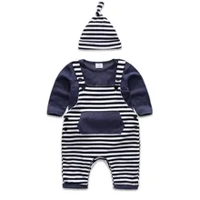 Three Piece Baby Boys Fashion Clothes Set Dark Blue Stripped Decor Hip hop Style T shirt