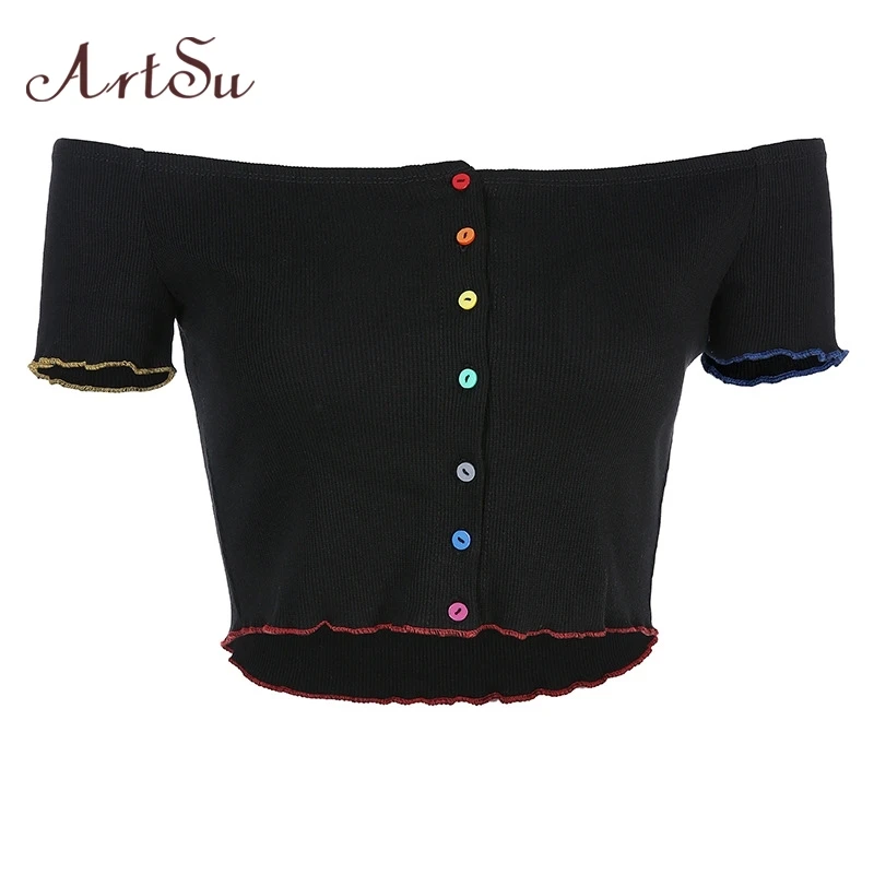 

ArtSu Colorful Button Off the Shoulder Tops for Women Tshirts Casual Harajuku Short Sleeve Crop Top Black Streetwear ASTS20920