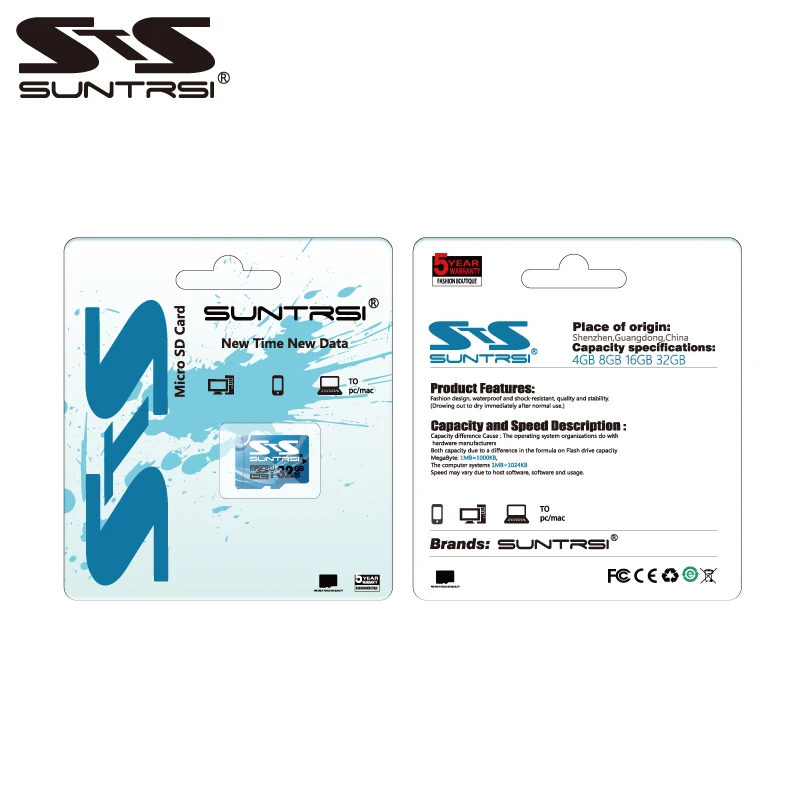 Suntrsi Micro SD карта 32 Гб Высокая скорость класс 10 16 Гб/64 ГБ реальная емкость 128 мини
