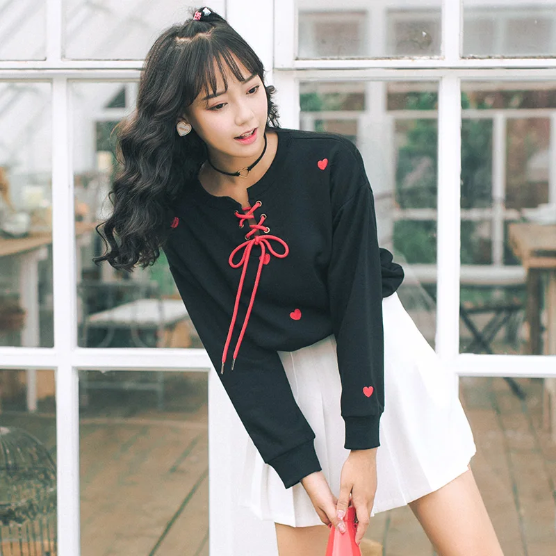 

2019 Ladies Love Embroidery Casual Bow Tie Sweatshirt Women's Sweatshirts Female Korean Kawaii Cute Svitshot For Women