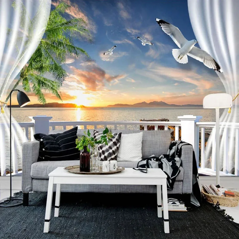 

Photo Wallpaper 3D Stereo Balcony Curtains Sunset Seascape Murals Wall Cloth Living Room TV Sofa Backdrop Wall Home Decor Fresco