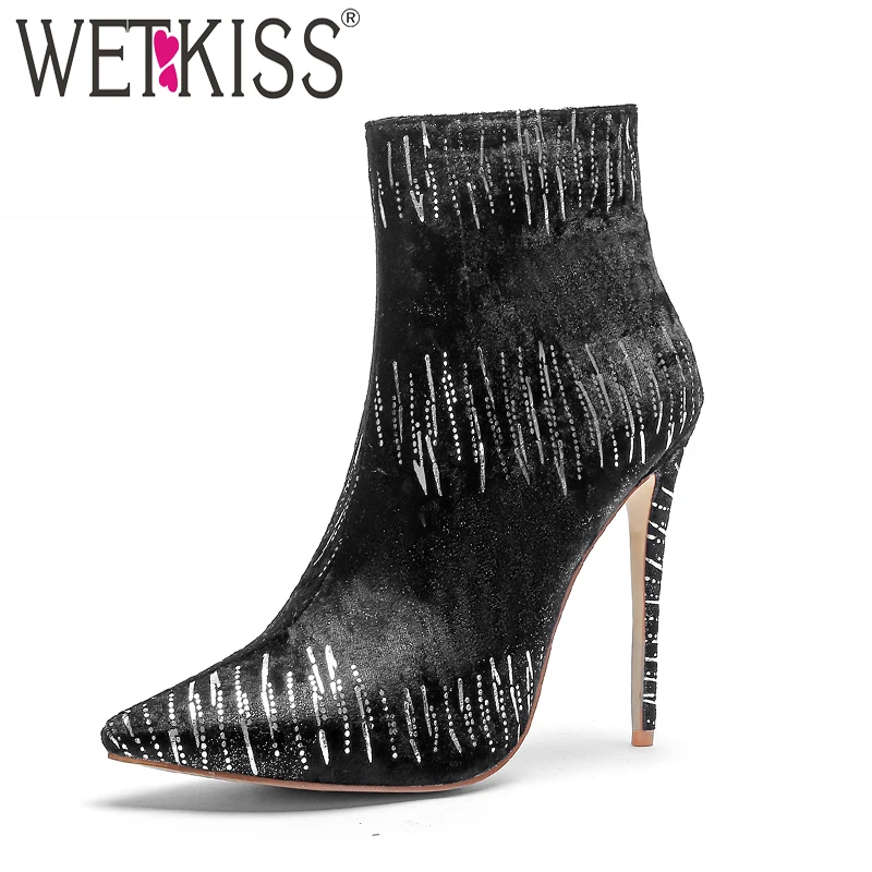 

WETKISS Super High Heels Women Boots Flock Pointed Toe Bootie Warm Female Party Shoes Short Plush High Neck Footwear Big Size 43